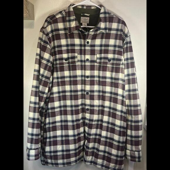 LL Bean Fleece Lined Flannel Shirt Shacket Men’s Size Large Tall Plum Plaid